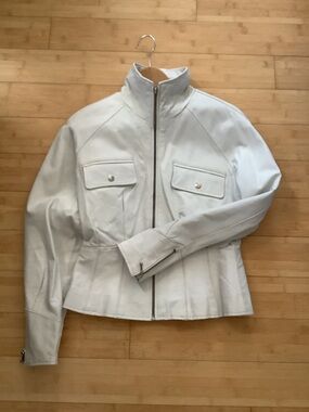White Zip-Front Leather Jacket with Flap Pockets